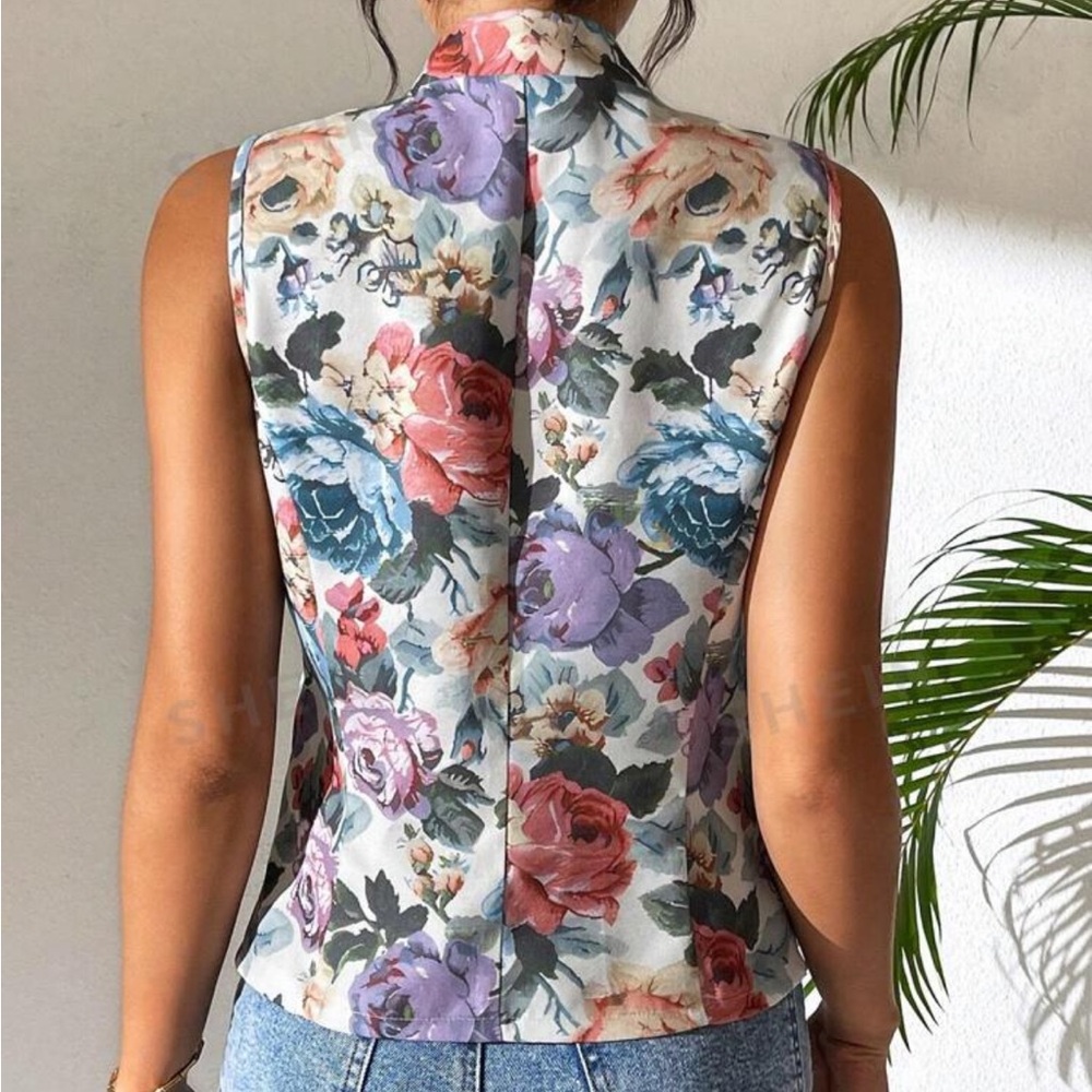 Essnce Women's Summer Floral Print Casual Sleeveless Blazer - Picture 4 of 4